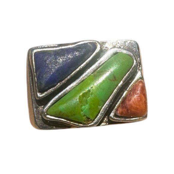 Native American Gaspeite Coral Lapis Sterling Silver Statement Ring Size 8 - Picture 2 of 9